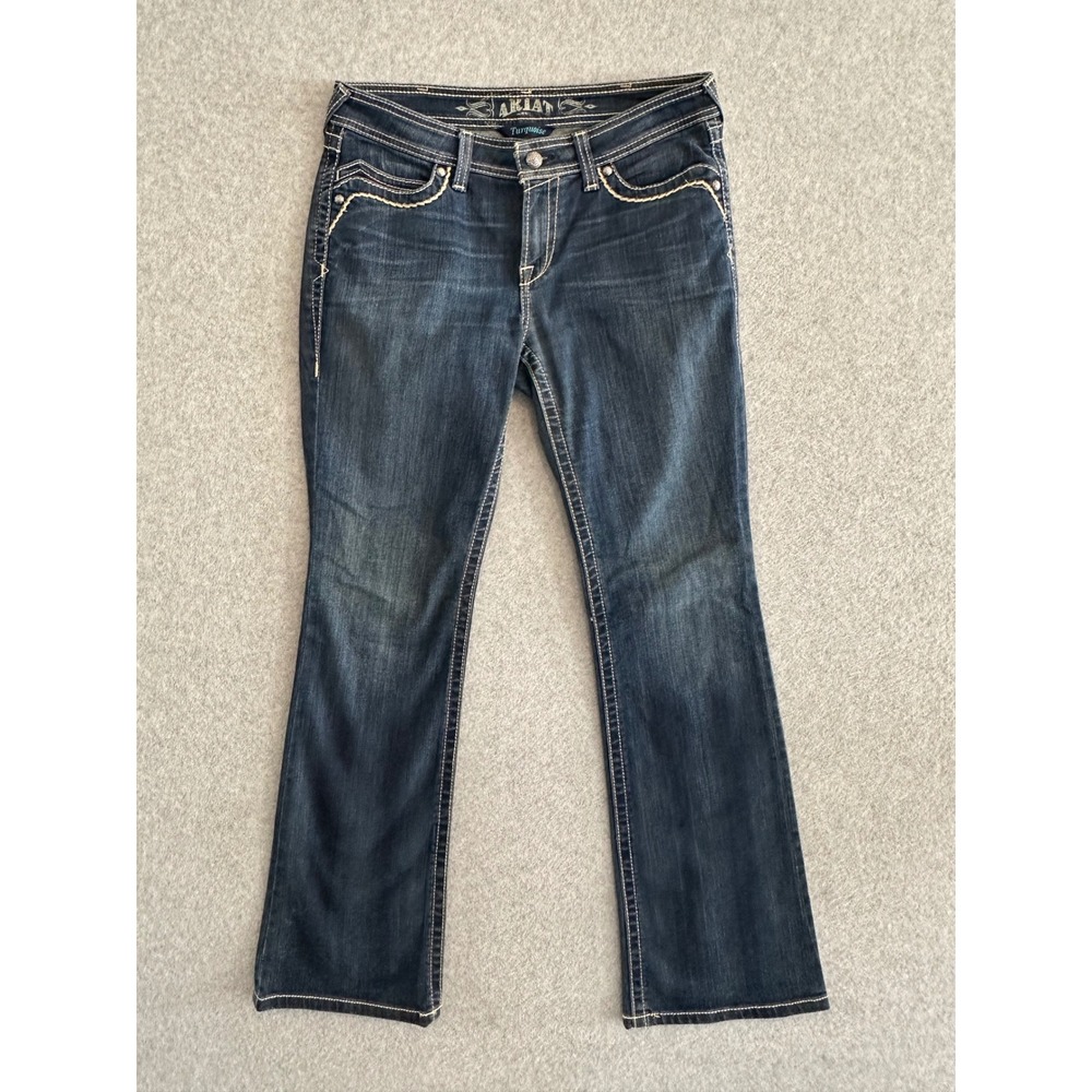 Ariat Turquoise Womens 30R Dark Wash Bootcut Western Embroidered Jeans (fits 32)
